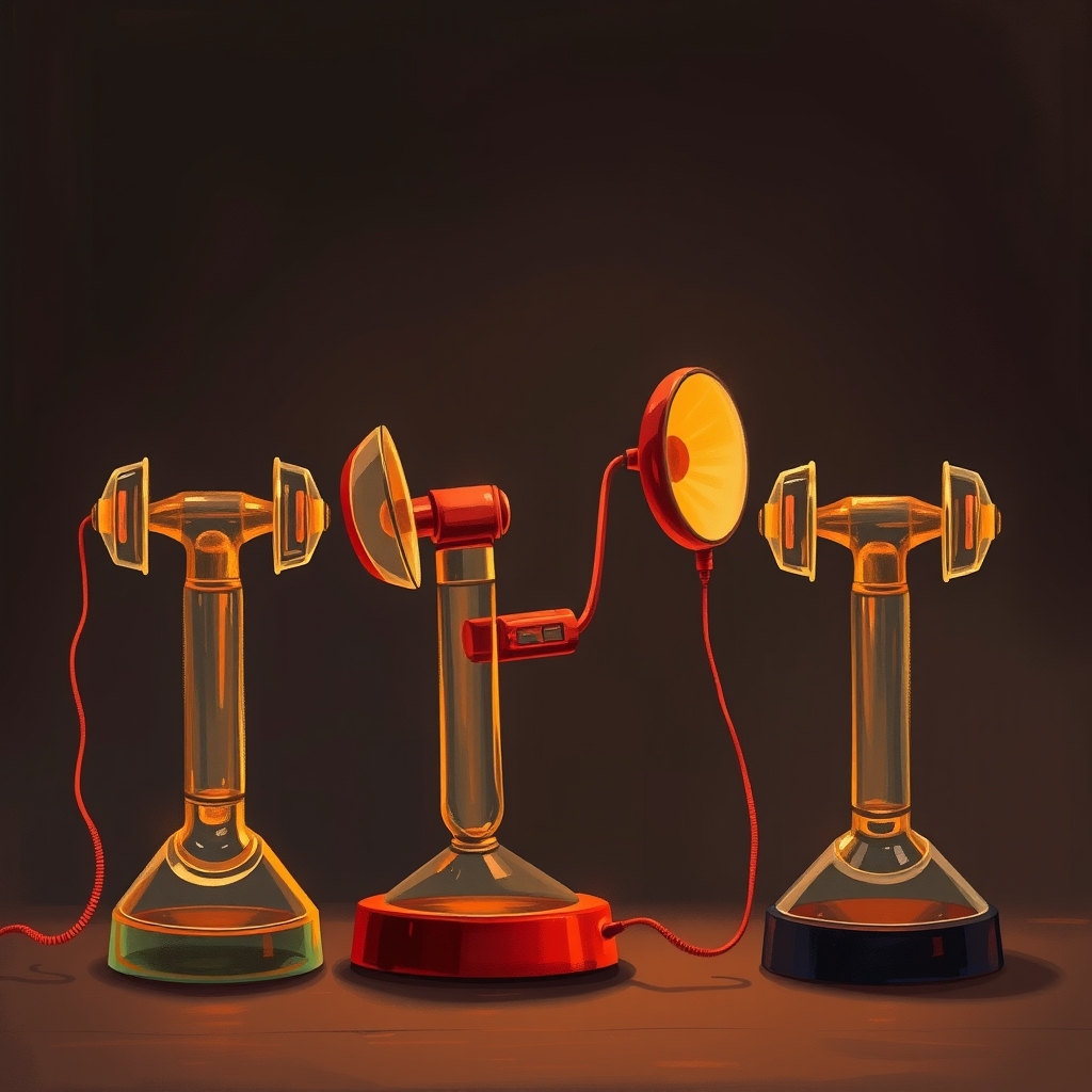 A chain of glass telephone receivers connected by glowing copper wire, each one slightly more distorted than the last