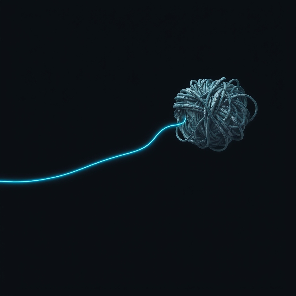 A single glowing cyan thread unspooling from a dense knot of archived code, tracing forward into empty dark space