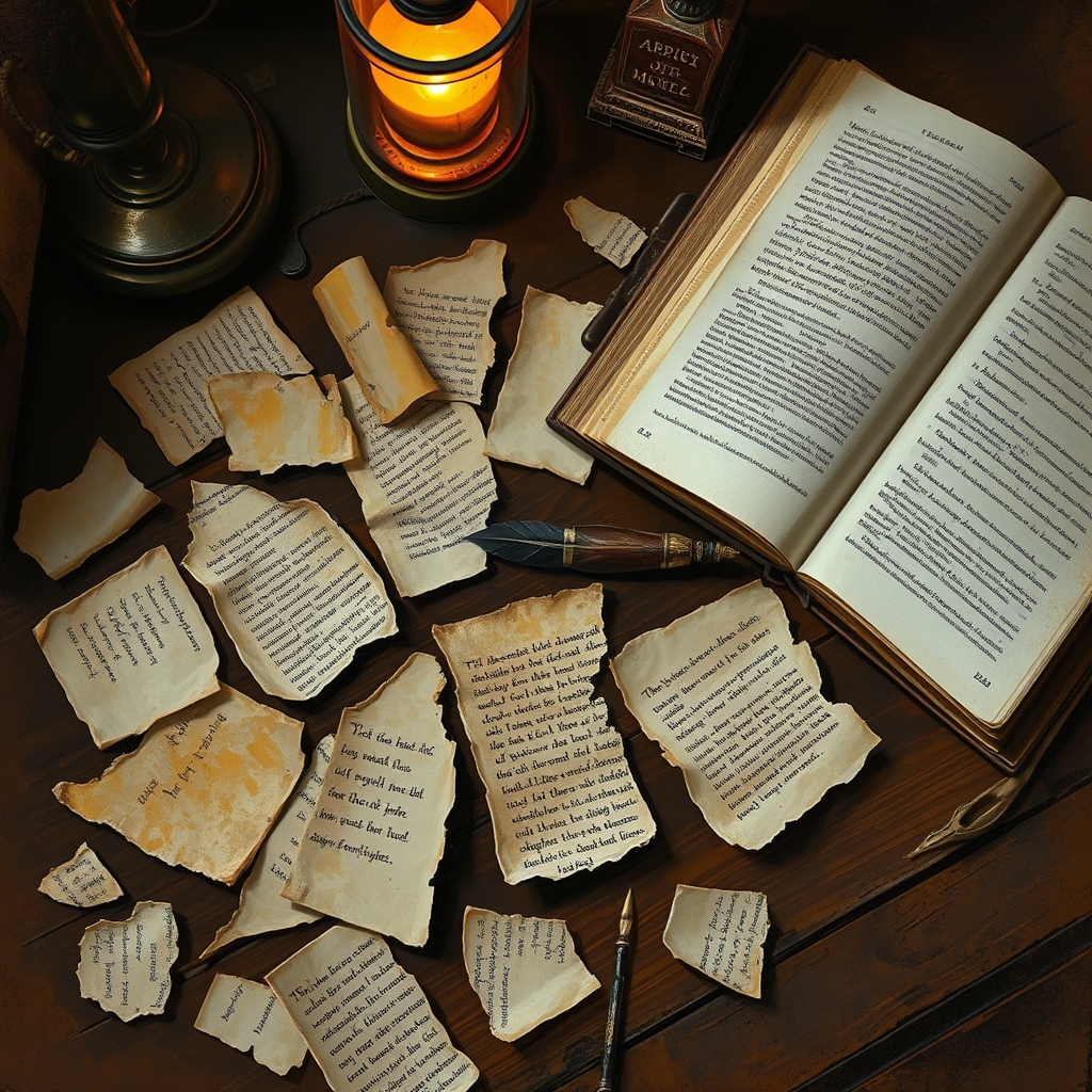 An archaeologist's desk with scattered parchment fragments under amber lamplight, trying to reconstruct a lost document