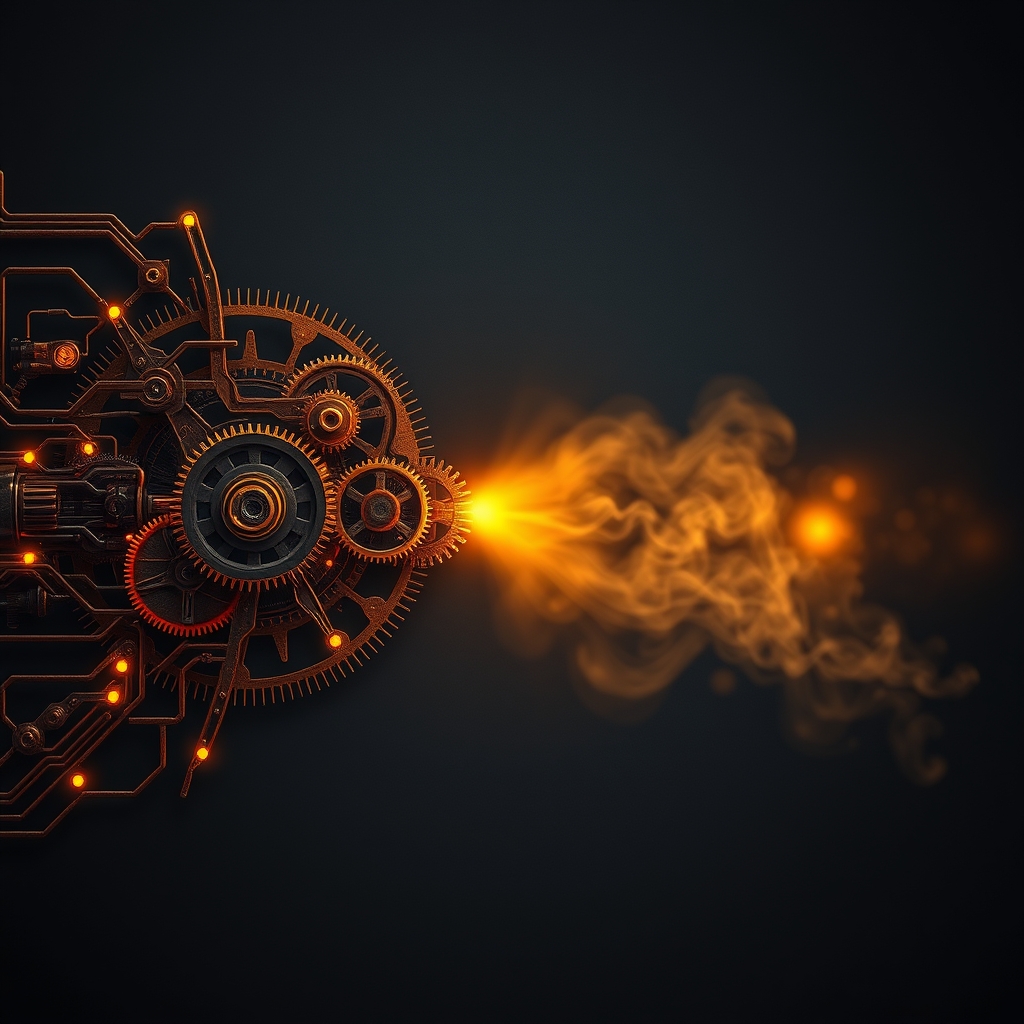 Mechanical gears and circuitry on one side, a dissolving word on the other, separated by a gap where light scatters